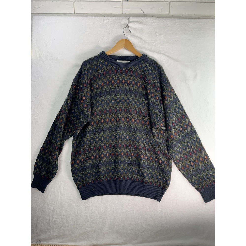 Robert Stock Sweater Mens XL Blue Green Geometric Pattern Crewneck Pullover Knit